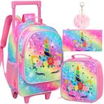 4PCS Rolling Backpack for Girls,Kids Unicorn Bookbag with Roller Wheels, Suitcase School Bag Set for Toddler Elementary