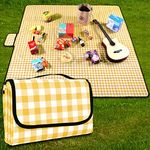 GUSUWU Picnic Blanket Waterproof Beach Rug Picnic Mat Washable Lightweight with Handle Yellow Checkered for Hiking Travelling Outdoor Camping,Parks,200cm * 200cm