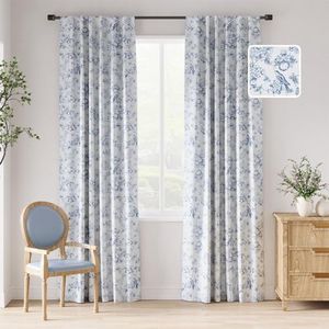 jinchan 100% Blackout Floral Curtains 90 Inch Length, Printed Flower Blue Blackout Curtains for Bedroom Rod Pocket Back Tab Full Blackout Curtains Thermal Insulated Window Drapes, 2 Panels Blue