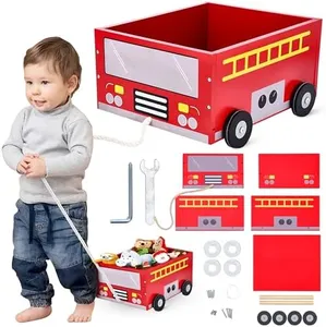 Light Autumn Toddler Wagon Toy - Fire Truck Cart - Wooden Brown Pull Along Cart - Rolling Book Cart for Kids to Carry Toys and Books - Craft Cart Enhances Fine Motor and Developmental Skills