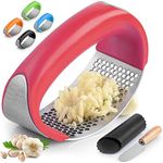 Zulay Stainless Steel Garlic Press Rocker Set - Premium Garlic Mincer Garlic Crusher - New Innovative Garlic Crusher with Peeler and Scraper - Comfortable Grip (Red)