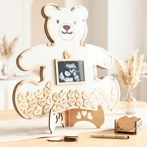 The Real Bossy Baby - Teddy Bear Baby Shower Decorations - We Can Bearly Wait - Guest Book Alternatives - Woodland Creatures - Includes Wooden Heart Tokens and Box - Centerpiece - Nursery Ultrasound Photo Frame (White)