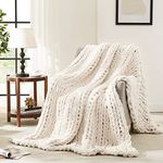 L'AGRATY Chunky Knit Blanket Throw,Soft Chenille Yarn Throw 60x80，Handmade Thick Cable Crochet Blanket,Large Yarn,Rope Knot for Couch Sofa Bed Home Decor Ivory 60''x80''