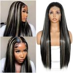 Sapphirewigs 13x6 Highlight Black Straight Lace Front Wigs Long Straight Wig for Women Highlight White Kanekalon Futura Synthetic Wig 150% Density Party Daily Wear Heat Resistant 26inch