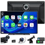 HOTPEAK 9'' Carplay Screen for Car with 2.5K Dash Cam,1080p Backup Camera, Portable Wireless CarPlay Android Auto Screen with Mirror Link, GPS Navigation, Voice Assistant, Loop Recording, AUX, FM