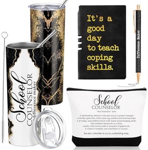 Sunnychicc 4 Pcs School Counselor Gifts Include 20oz Stainless Steel Tumbler Counselor Makeup Bag Leather Journal Notebook Thank You Pens for Women Counselor Appreciation Week Gift (Black)