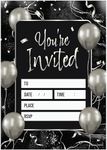 Kirsten McMillan 32 Black Silver Balloons Party Invites - Party Invitations Adult - A6 Birthday Party Invitations with Envelopes – Designed and Printed in the UK