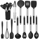 Herogo Kitchen Utensils Set, 12 Pieces Silicone Cooking Utensils with Stainless Steel Handle, Heat Resistant Cooking Tools Turner Spoon Spatula Set with Holder, Easy to Clean - Black