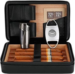 CiTree Portable Cigar Humidor, Cedar Wood Leather Cigar Case with Lighter and Cigar Cutter, Black