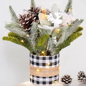 Small Table Top Christmas Tree with Lights, Mini Christmas Tree Decorations with Reindeer Pine Cones Berries Lamb Leaves Ornaments for Home Party Office Indoor Decorations 12Inch, Black & White Plaid