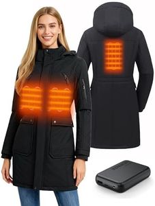 HEWINZE Women's Heated Softshell Long Jacket - Warm Electric Winter Coat with Detachable Hood and 7.4V Battery Pack, US Small, Black