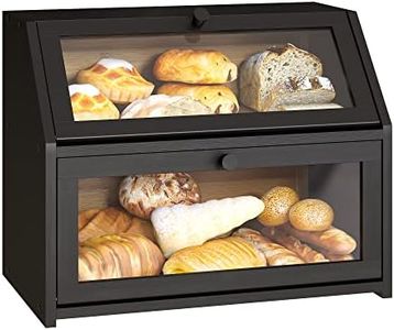 BMOSU Bread Storage Farmhouse Box For Kitchen Countertop Container With Clear Window Breadbox Double Layer Bamboo Wooden Extra Large Capacity Bin Food Container(Black)Self-Assembly