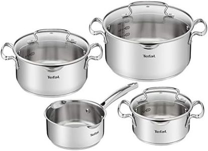 Tefal Duetto Set 7-teilig: 3 Kochtopf 16/20/24 cm, 1 Stieltopf 16 cm, 3 Deckel, Edelstahl, 3 Glasdeckel, Messmarkierungen, alle Herdarten geeignet für Backofen und Spülmaschine