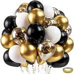 Bezente Black and Gold Confetti Balloons,60pcs 12 inch Black White and Gold Metallic Latex Party Balloons Set with Gold Ribbon for Birthday,Wedding,Baby Shower,Gold Theme Party Graduation Decorations