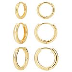 3 Pairs 14K Gold Plated Huggie Hoop Earrings for Women, Minimalist Gold Huggie Hoop Earrings, Simple 3 sizes Hoop Earrings for Women Men gift,gold silver rose gold and black, Copper, No Gemstone