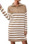 Newshows Women's Long Sleeve Fall Dress 2024 V Neck Striped Lapel Half Zip Loose Fashion Winter Sweatshirt Dress (Light Khaki,S)