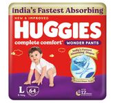 Huggies Complete Comfort Wonder Pants | Pant Style Baby Diapers Large Size (L), 64 Count | India's Fastest Absorbing Diaper, Prevents Diaper Rash, Ideal for 9 to 14 Kgs