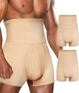 TAILONG Men Tummy Control Shorts High Waist Slimming Underwear Body Shaper Seamless Belly Girdle Boxer Briefs(Beige,2 Pack)