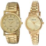 Sonata Men Metal Couple's Analog Watch (77049Ym01C + 8096Ym02C, Gold Band, Champagne Dial), Band Color-Gold