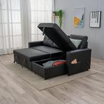 Panana L Shaped Corner Sofa Bed, 3 Seater Pull Out Sofa Bed Sleeper with Hidden Storage and Reversible Chaise, Black Faux Leather