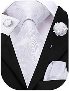 Hi-Tie Silk Men's Tie and Pocket Square Cufflinks Lapel Pin Set Jacquard Wedding Business Necktie for Formal, White, m