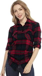 Match Womens Button Down Flannel Plaid Shirts roll up Long Sleeve Shackets Business Blouse Top (XX-Large, Checks#11)