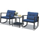 SFAREST 3PCS Rattan Rocking Bistro Set, Patio Wicker Furniture Set with 2-Tier Tempered Glass Table & Removable Cushions, Outdoor Conversation Sofa Table Set for Porch Deck Balcony (Navy)