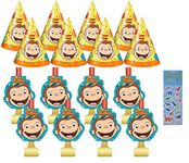 Unique Curious George Birthday Party Supplies Decoration Bundle Pack Includes 8 Party Blowouts, 8 Party Hats, 1 Dinosaur Sticker Sheet, Yellow, S