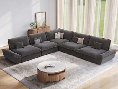 POVISON 144'' Oversized Modular Sectional Sofa, Extra Large Deep Seat Cloud Couch, Wide V Shaped Sectional Couch with Adjustable Backrest, Modern Comfy Corner Couches for Living Room, Grey