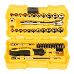 DEWALT DWMT81610-0 1/4" 50-Piece Drive Mechanics Tool Set with Anti-Corrosion Properties & Knurled Grip Control for Home, DIY & Professional Use, YELLOW & BLACK