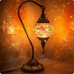 Turkish Moroccan Lamp with Bronze Base - Yarra Decor 3-Way Color Changing Handmade Swan Neck Tiffany Mosaic Glass Bedside Lamps for Bedroom (LED Bulb Included) (Red2)…