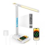 LAOPAO LED Desk Lamp with Wireless Charger - USB Charging Port, Touch Sliding Dimmable Auto Timer Table Lamp with Night Light, Desk Lights with Clock for Study Reading Home Office （White）