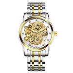 Weicam Men's Luxury Gold Dragon Carved Dial Diamond Automatic Skeleton Mechanical Watch Casual Waterproof Stainless Steel Band Quartz Sport Wristwatch (Silver)