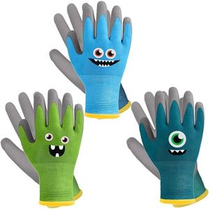 Joottuan 3 Pairs Kids Gardening Gloves Children Yard Work Gloves Breathable Rubber Coated Garden Gloves for Toddlers Girls Boys (Green, Blue, Turquoise, Small (Age 3-5))