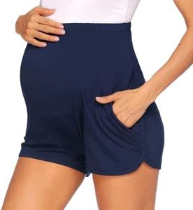 Women's Maternity Shorts Soft Pregnancy Lounge Shorts Over Belly Stretchy Joggers Activewear Comfy Pajama Pants with Pockets(Blue, Large)