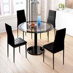 JEFFORDOUTLET Black Dining Table and Chairs Set of 4, Round Tempered Glass Table with High Back PU Leather Chairs