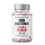 NATURALTEIN Iron Bisglycinate with Vitamin C – 60 Tablets | 14 mg Elemental Iron | Gentle on Stomach | Supports Women’s Energy, Vitality & Healthy Blood Levels