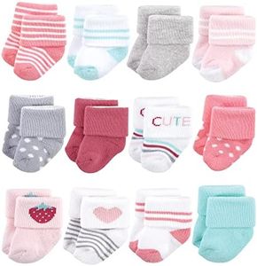 Hudson Baby Baby Girls' Cotton Rich Newborn and Terry Socks, Strawberry 12-pack, 0-6 Months