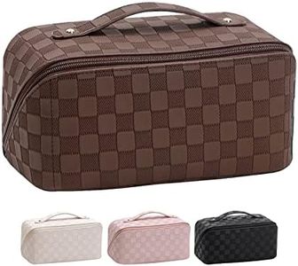 Toiletry Bags Large Capacity Travel Cosmetic Bag PU Plaid Checkered Makeup Bag Portable Leather Waterproof Skincare Bag with Handle and Divider for Women (Brown)