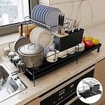 Trusthere Expandable Dish Drying Rack, Large Dual Part Dish Rack for Kitchen Counter with Drainboard and Drain spout, Adjustable Rust-Resistant Dish Drainer with Utensil & Cup & Cutting Holder