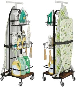 TIPSYTREE Ironing Board Holder Cart for Small & Narrow Laundry Rooms, Freestanding Iron & Ironing Board Storage Rack for T & X Boards with 3-Tier Shelves, Rolling Metal Wheels, Hooks, No Wall Mount