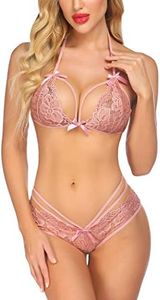 Avidlove Sexy Lingerie Lace Babydoll 2 Piece Sexy Bra and Panty Sets Dark Pink