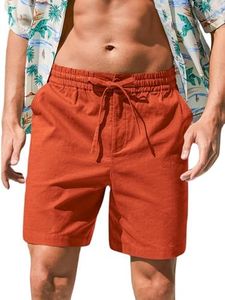 RQP Mens Cotton Linen Shorts Casual Drawstring 7inch Inseam Shorts Stretch Summer Beach Wear,Wine Red