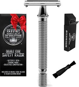 Viking Revolution Long Handle Double Edge Safety Razor - Butterfly Open Razor with 10 Japanese Stainless Steel Double Edge Safety Razor Blades - Close, Clean Shaving Razor for Men (Chrome Metal Razor)