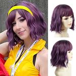 Wavy Bob Wig with Bangs Natural Ombre Purple Wig Synthetic Hair Shoulder Length Short Curly Wigs for Women