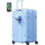 Krute Luggage PC+ABS Hardside Suitcase with USB Port Cup Holder TSA Lock Spinner Wheels Checked Luggage 28 Inch (LightBlue)