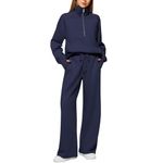 AMDOLE Sales Clearance, Womens Two Piece Full Set Tracksuit Long Sleeve Oversized Half Zip Sweatshirt Pullover Drawstrings Wide Leg Trousers Sweatpants Outfits,A-Navy,S