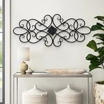 Black Wrought Iron Wall Decor 32" x 13", Hanging Flower Scroll Metal Wall Art Decor, Living Room Wall Decor, Vintage House Decorations for Indoor Outdoor Fireplace Bedroom