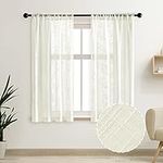 SHINELAND 45 Inch Length Cream Curtains for Bedroom 2 Panels Rod Pocket Simple Luxe Crossweave Pattern Short Linen Ivory Off White Boho Sheer Curtain for Kitchen Skinny Window Master Guest Bathroom