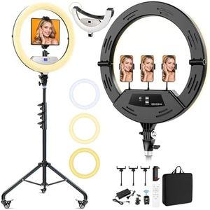 22" Foldable Ring Light with Stand 75" Tripod & Lockable Wheel/LED Display, for Live Tattoo Makeup Video Recording Barber Photography